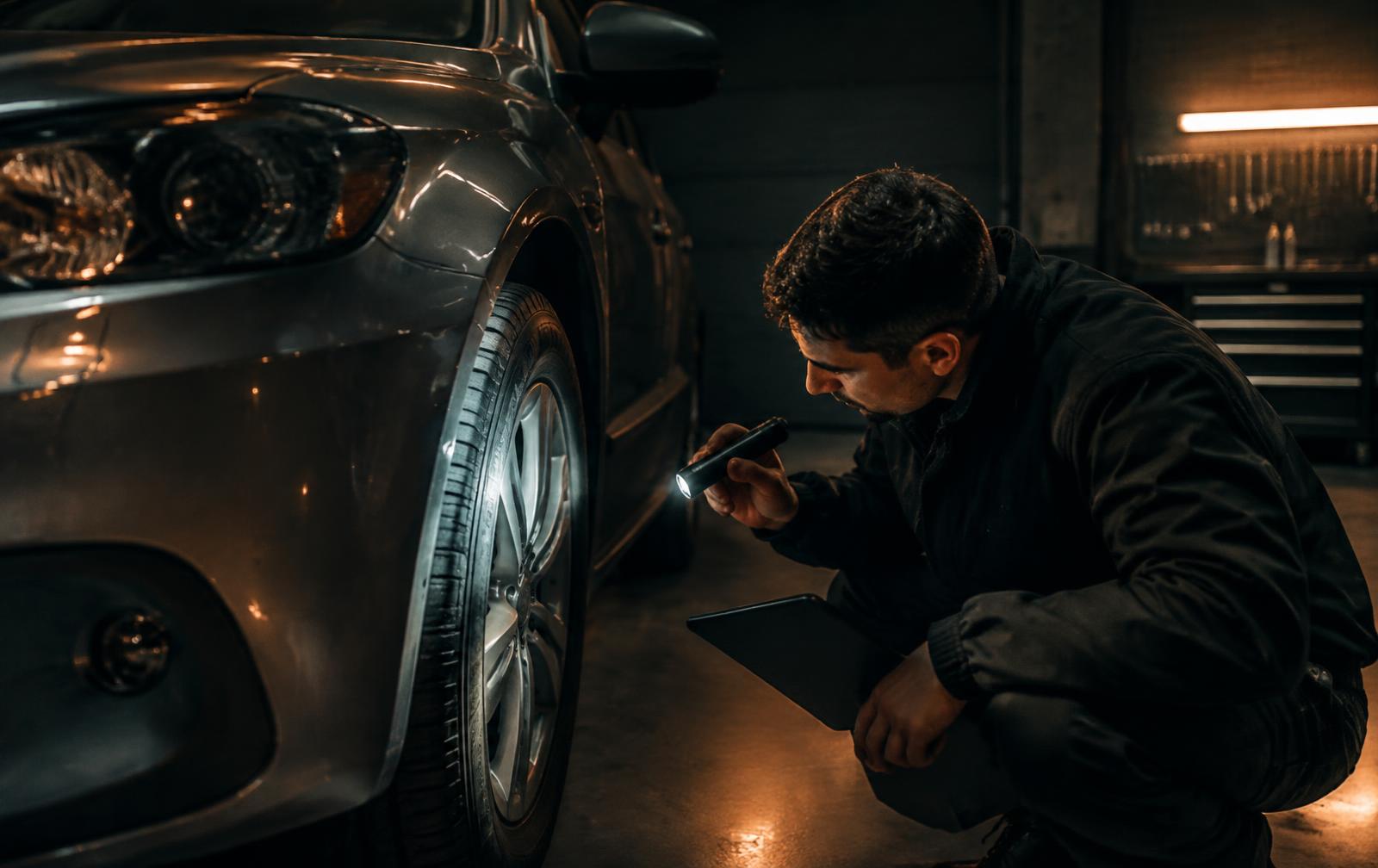 Inspector checking a used car's tire tread with a flashlight
